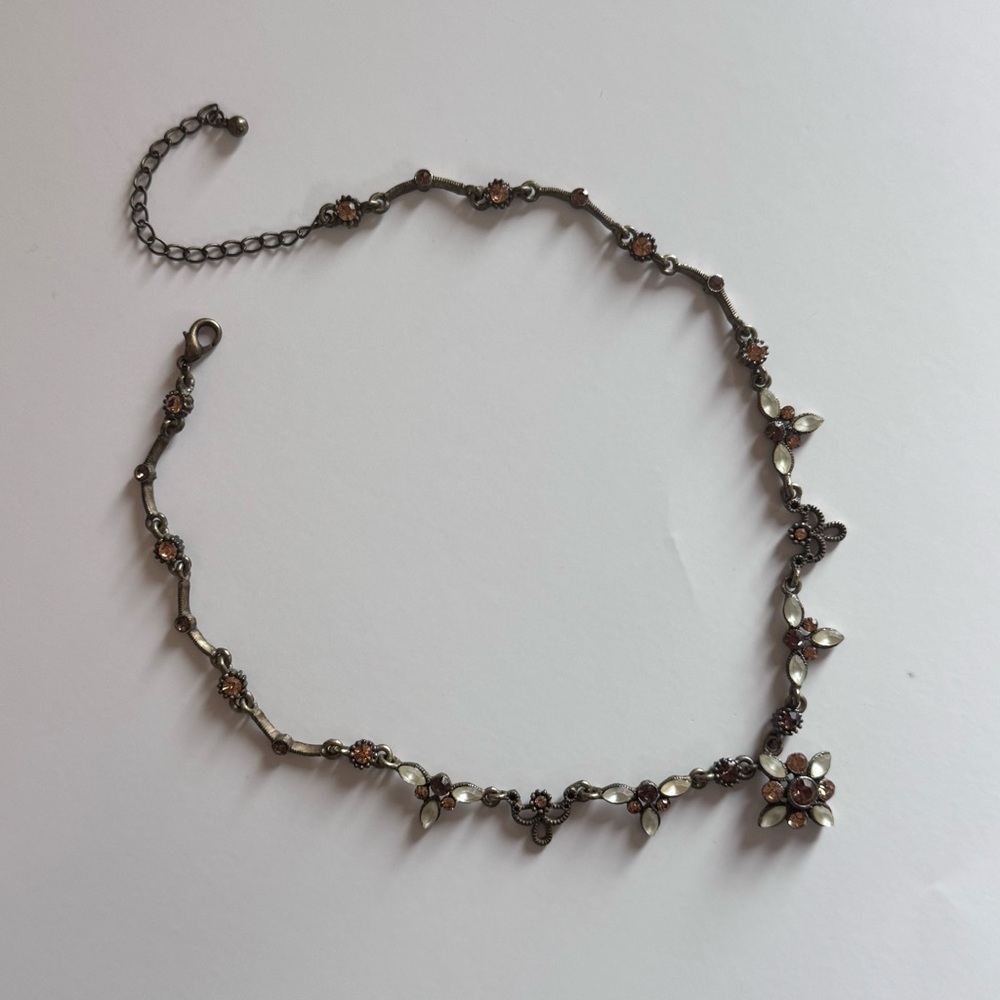 Brown and White Rhinestone Filigree Bohemian Floral Necklace 18” Adjustable